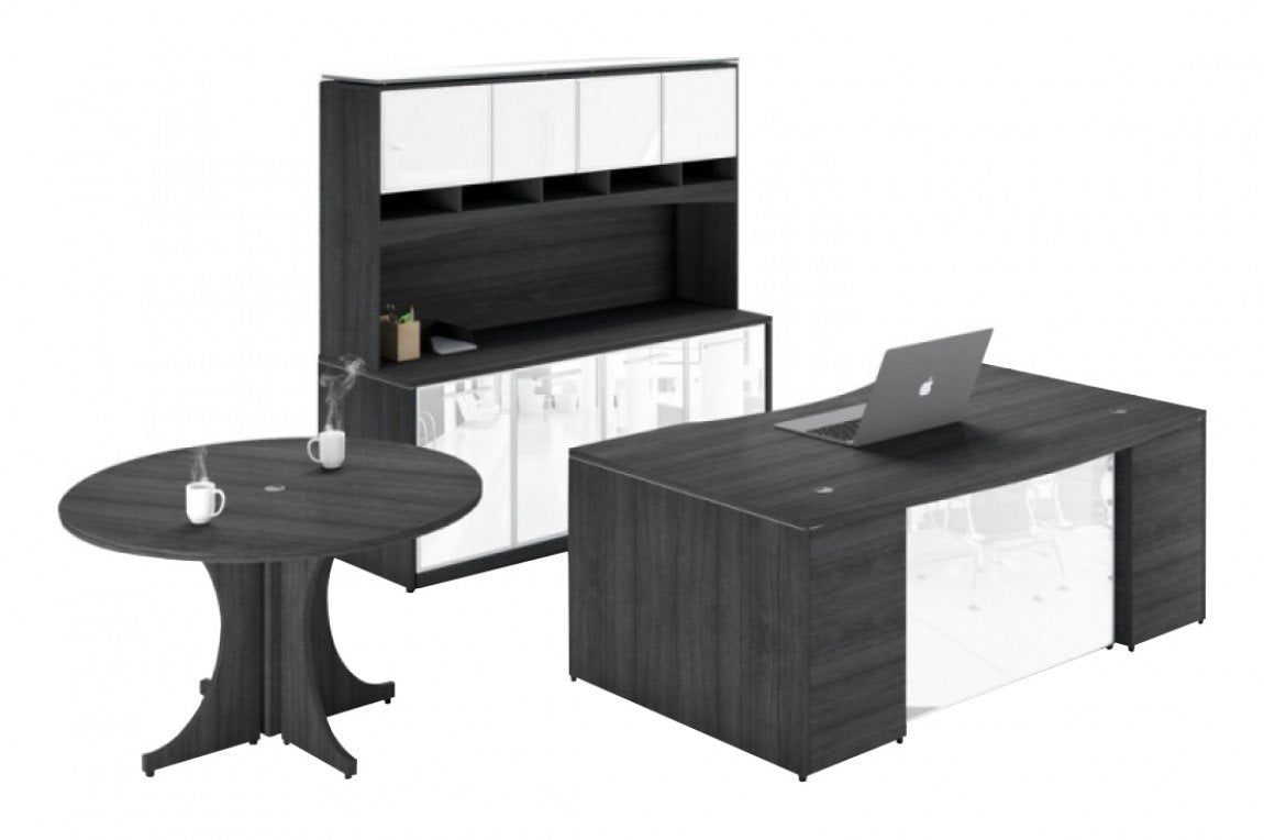 Corp Design Potenza Bow-Front Executive Desk Set with Hutch and 42" Round Table