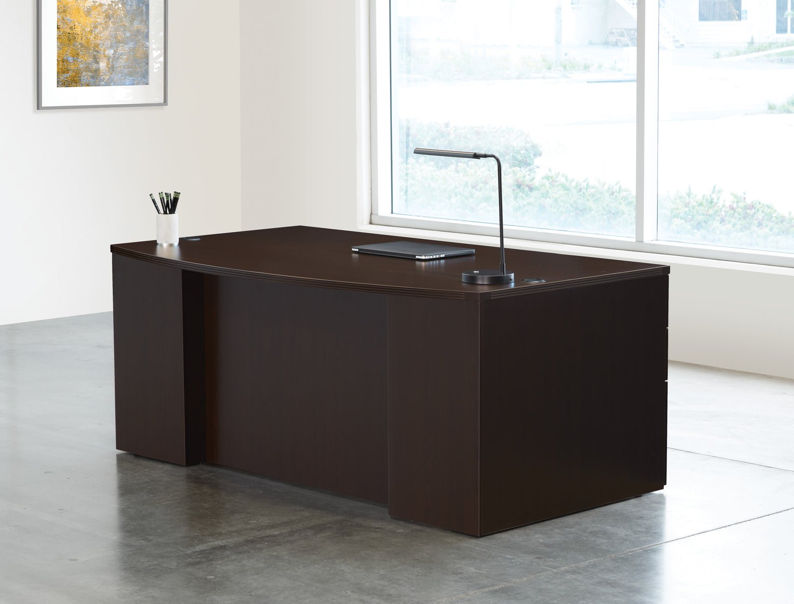 Office Star Napa StepFront 71″ x 40″ Bow Front Executive Desk (TYP201) installed in an office