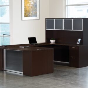 Office Star Napa StepFront U-Shaped Desk with Glass Door Hutch, 71″ x 112″ – TYP212G installed in an office