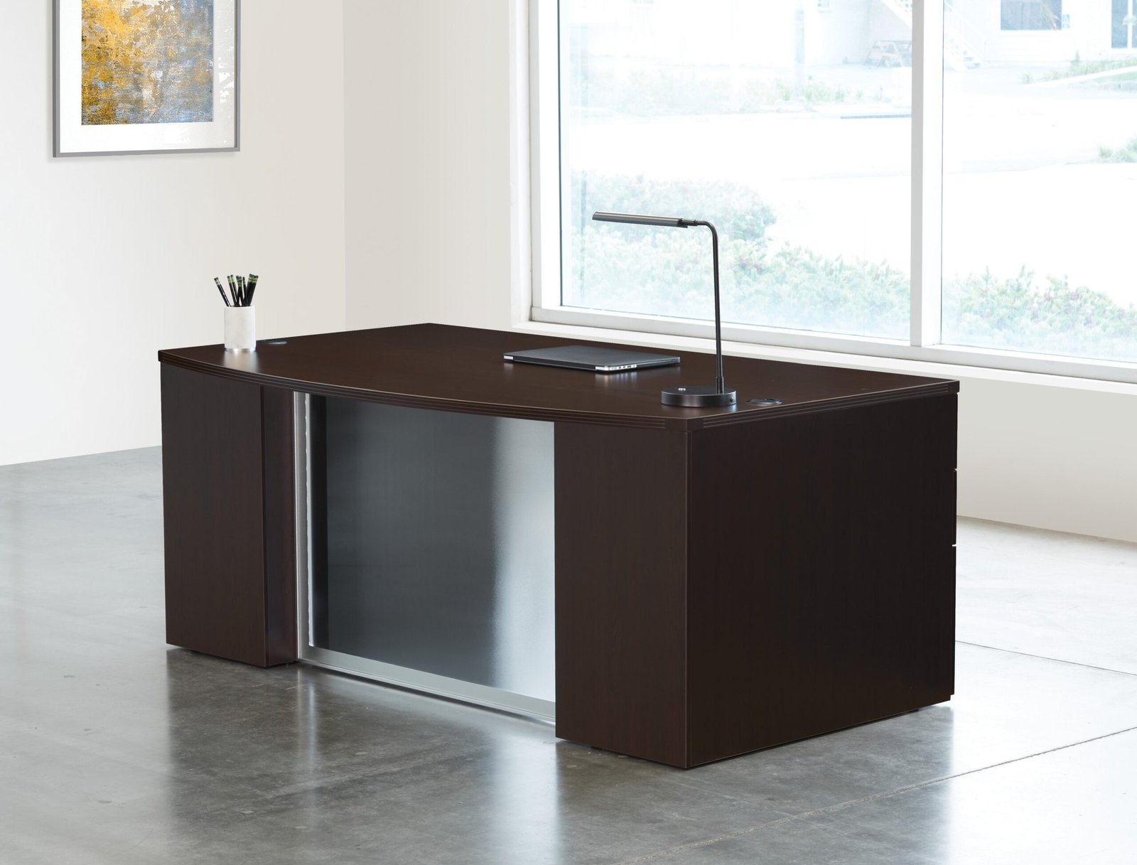 Office Star Napa StepFront TYP201G Bow Front Executive Desk with Glass Modesty Panel, 71″ x 40″ installed in an office