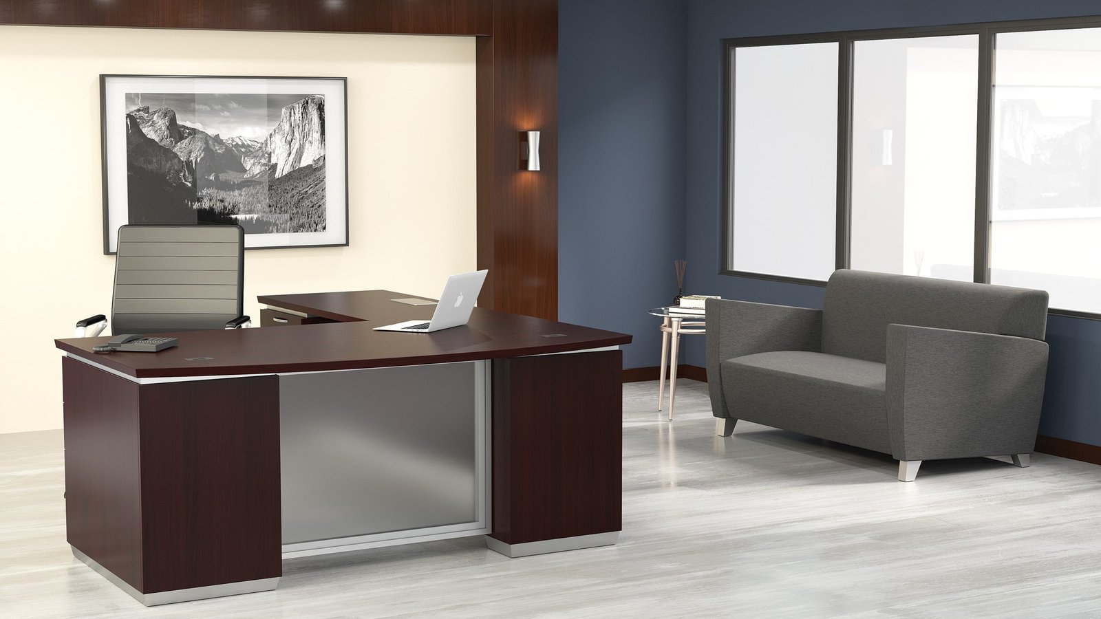 Office Star Tuxedo TYP8 L-Shaped Bow Front Desk, 72″ x 90″ installed