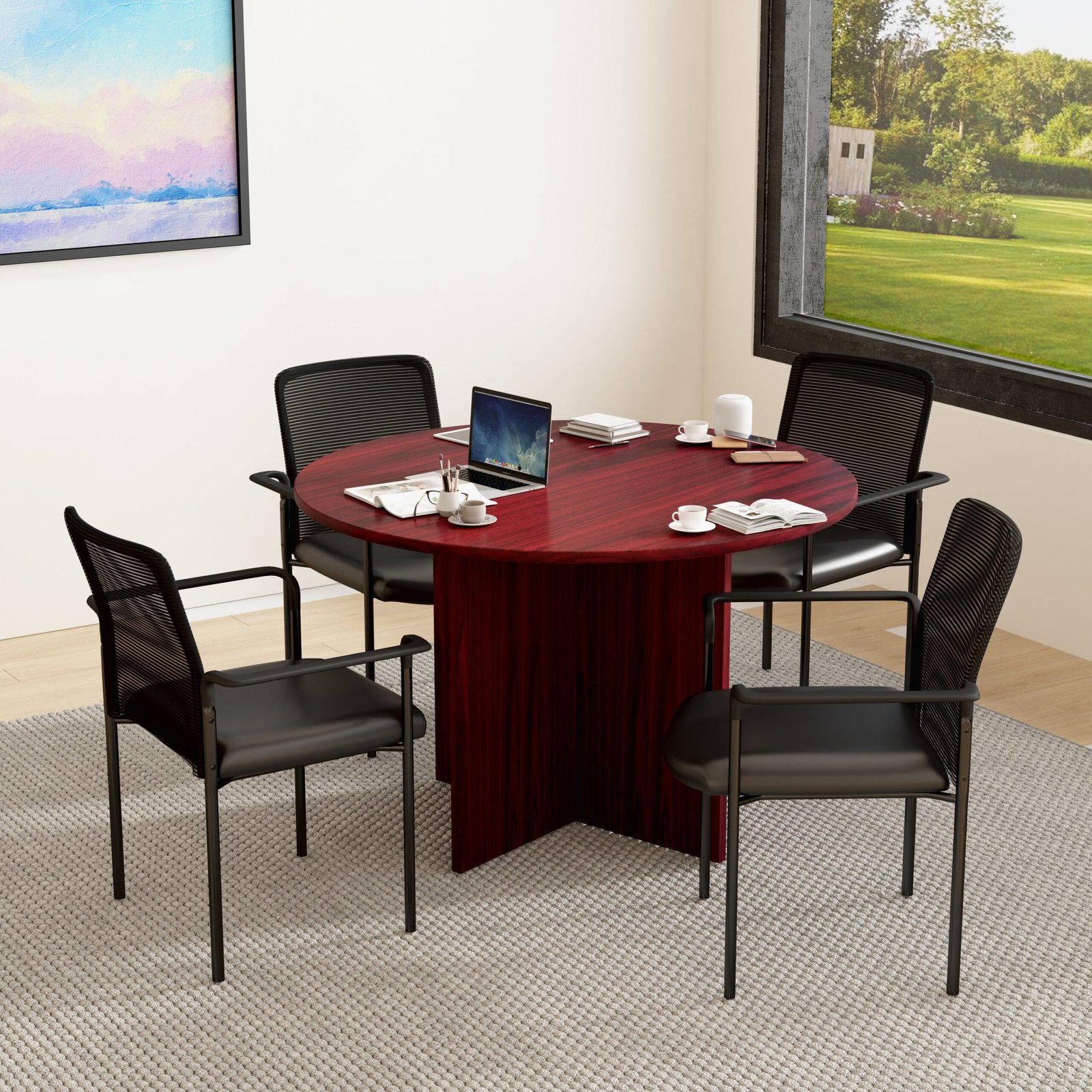 Boss 47" Round Table with 4 Stackable Mesh-Back Arm Chairs (GROUP123-C) - Image 2