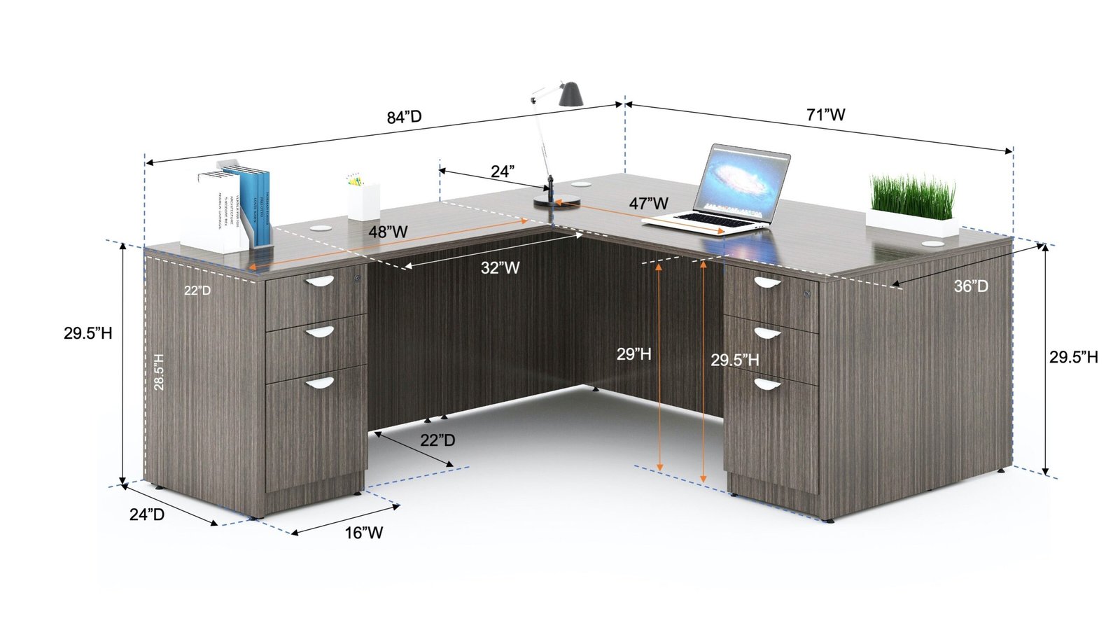 Boss 71" L-Shaped Corner Desk with Two B/B/F Pedestals (GROUPA11)
