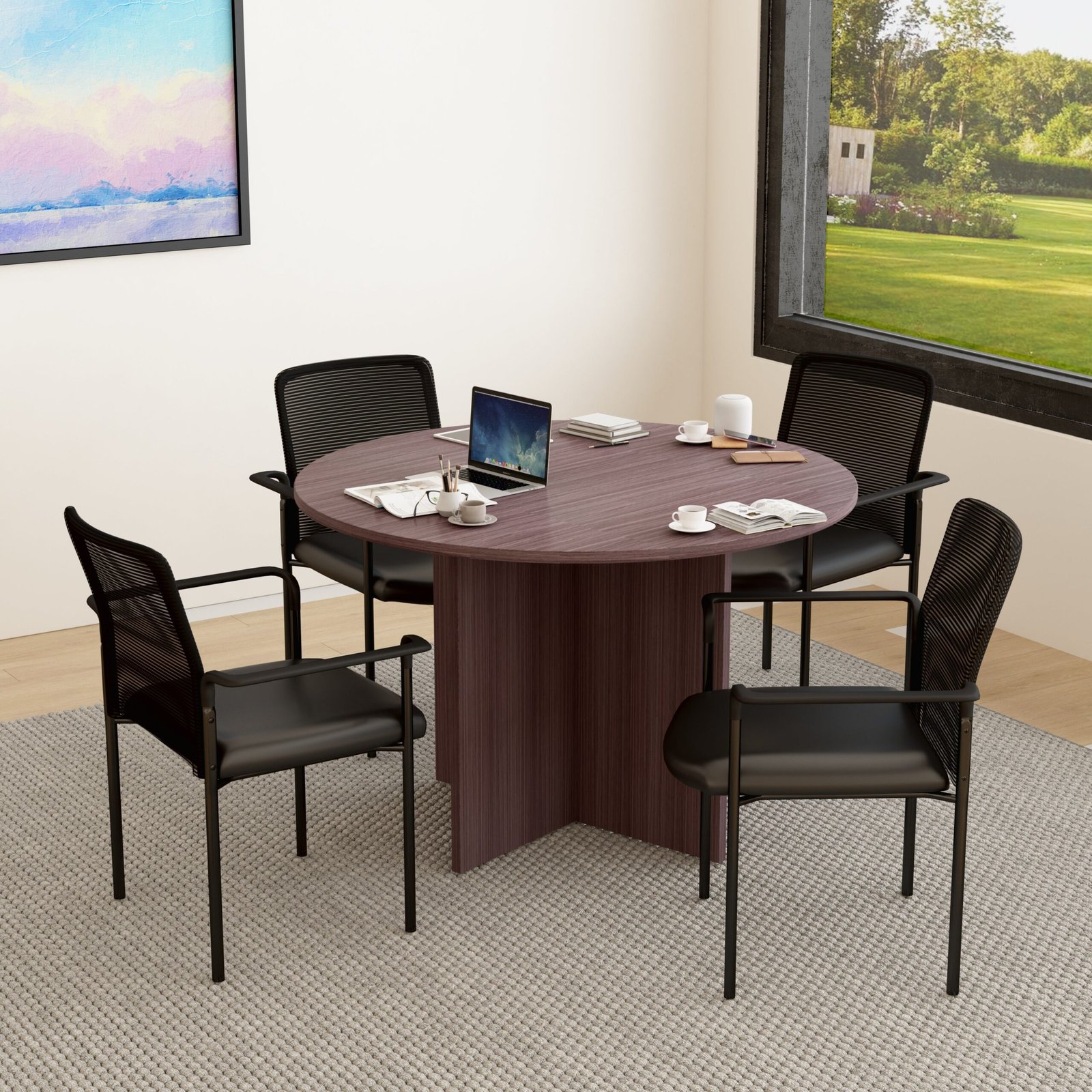 Boss 47" Round Table with 4 Stackable Mesh-Back Arm Chairs (GROUP123-C)