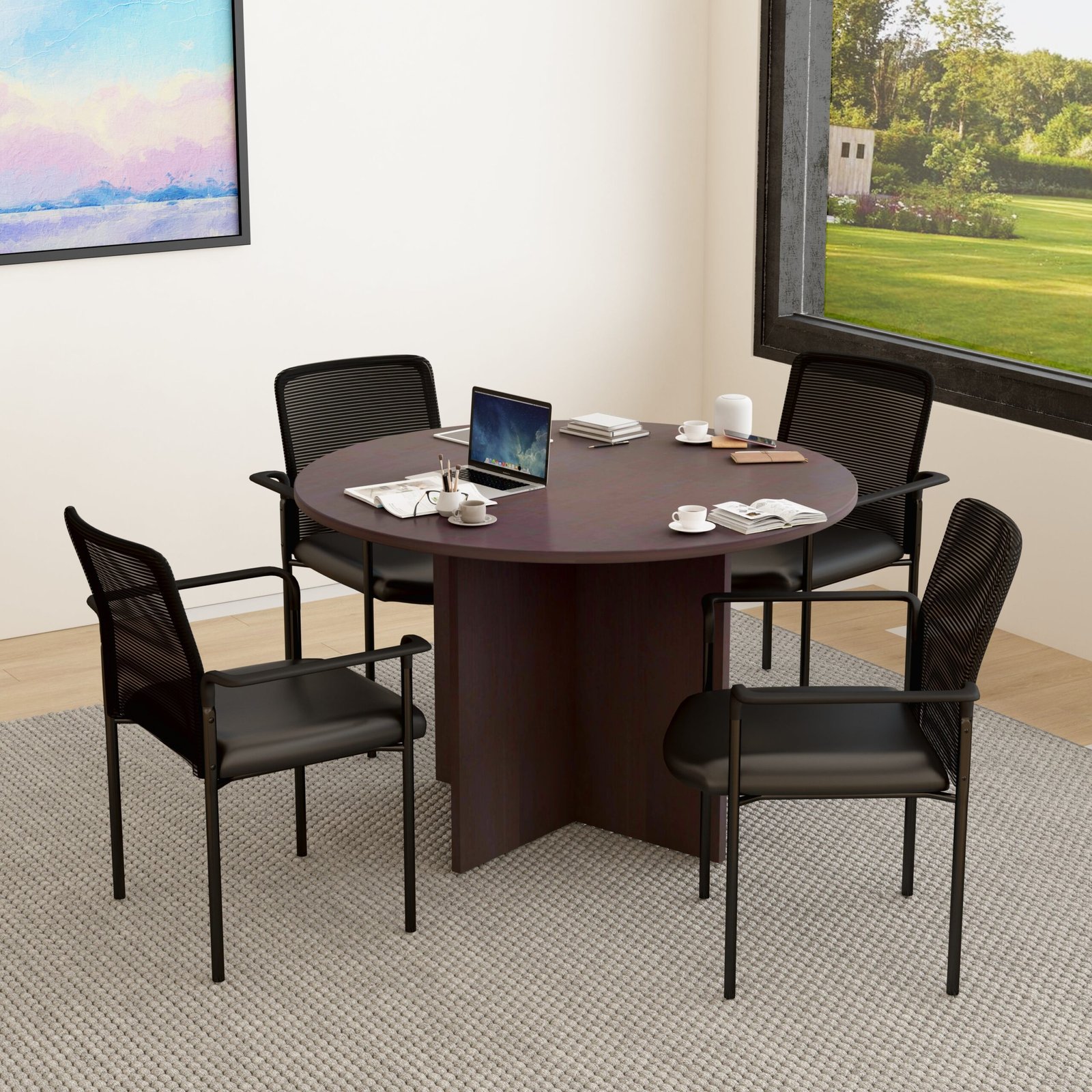 Boss 47" Round Table with 4 Stackable Mesh-Back Arm Chairs (GROUP123-C) - Image 3